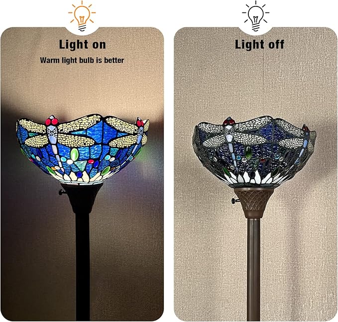 Capulina Tiffany Torchiere Floor Lamp Industrial Dark Bronze Pole Sea Blue Dragonfly Style Stained Glass Standing Light for Living Room Bedroom Home Office - LeafyLoom