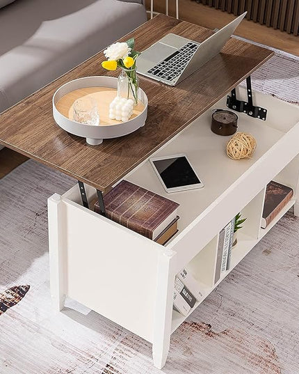 VINGLI Lift Top Coffee Table, White Coffee Table with Lift Top, Lift Up Coffee Table with Storage Shelf/Hidden Compartment, Gas Lift Coffee Table Mesa De Centro Para Sala Pop Up Coffee Table - LeafyLoom