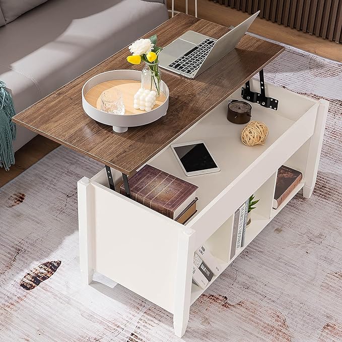 VINGLI Lift Top Coffee Table, White Coffee Table with Lift Top, Lift Up Coffee Table with Storage Shelf/Hidden Compartment, Gas Lift Coffee Table Mesa De Centro Para Sala Pop Up Coffee Table - LeafyLoom