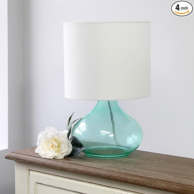 Simple Designs LT2063-AOW Glass Raindrop Bedside Table Lamp with White Fabric Shade, Aqua (Pack of 4) - LeafyLoom