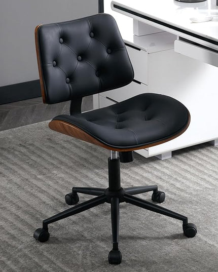 Armless Home Office Chair Modern Walnut Chair with Wheels Mid Back Swivel Computer Chair No arm Adjustable Height Leather Desk Chair for Reading,Meeting Room (Black) - LeafyLoom