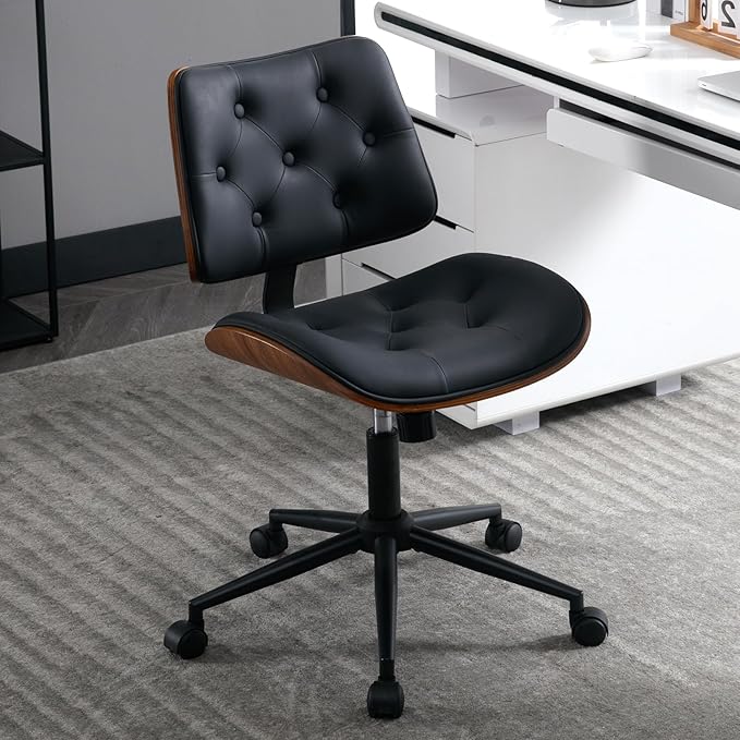 Armless Home Office Chair Modern Walnut Chair with Wheels Mid Back Swivel Computer Chair No arm Adjustable Height Leather Desk Chair for Reading,Meeting Room (Black) - LeafyLoom