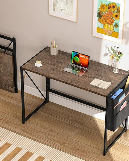 Folding Desk, Small Foldable Desk 39.4 Inch for Small Space, Computer Table Home Office Writing Desk with Storage Bag Headphone Hook, Easy Assembly, Brown - LeafyLoom