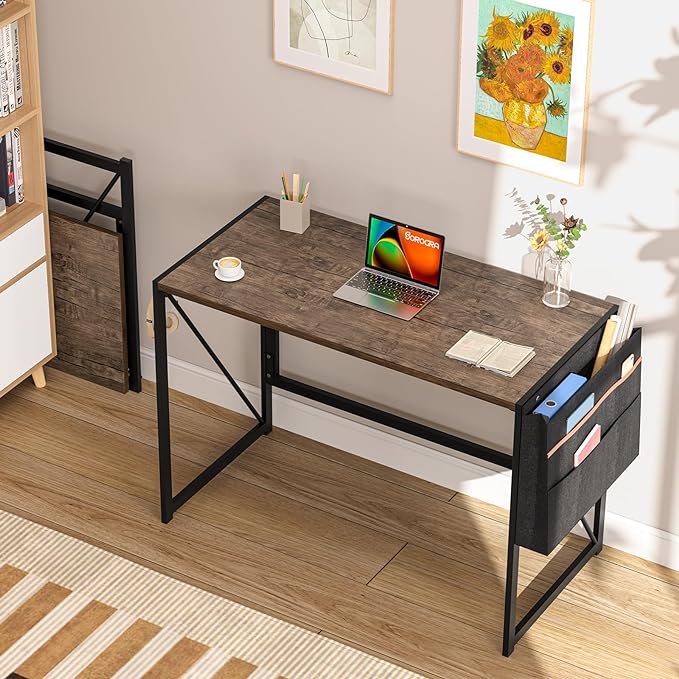 Folding Desk, Small Foldable Desk 39.4 Inch for Small Space, Computer Table Home Office Writing Desk with Storage Bag Headphone Hook, Easy Assembly, Brown - LeafyLoom