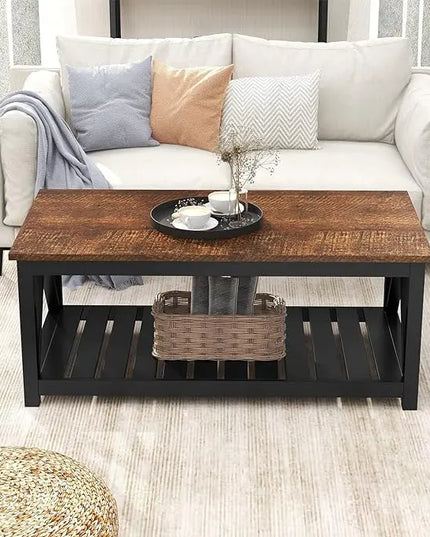 ChooChoo Black Coffee Table, Rustic Vintage Table with Shelf for Living Room, 40 Inch - LeafyLoom
