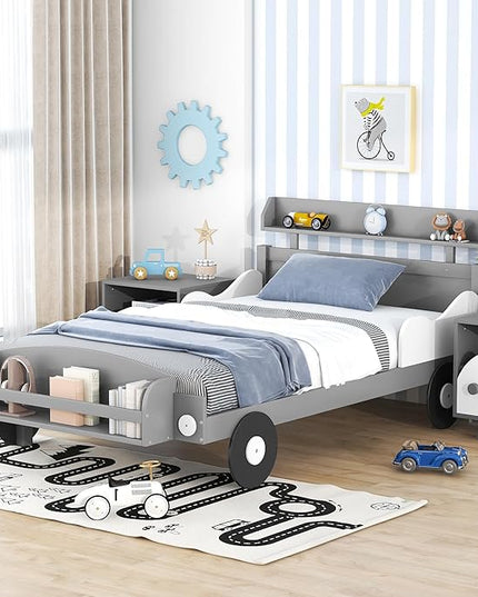 Twin Size Car-Shaped Platform Bed with 2 Storage Shelf,Kids Cars Beds W/Wheels,Slats Support,Saving Space,Easy Assembly,Wood Car Bedframe for Boys Toddlers Teens Bedroom,Gray - LeafyLoom