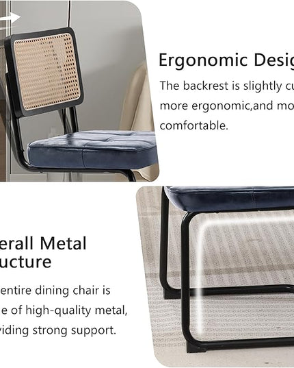 Rattan Dining Chairs Set of 2, Mid Century Modern PU Leather Dining Room Kitchen Chairs with Cane Back, Metal Chrome Legs, Upholstered Wicker Armless Accent Chairs, Blue - LeafyLoom