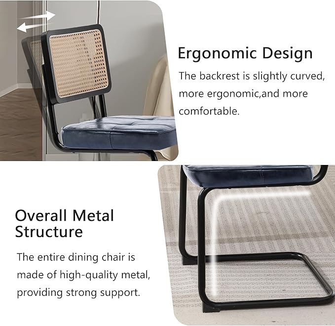 Rattan Dining Chairs Set of 2, Mid Century Modern PU Leather Dining Room Kitchen Chairs with Cane Back, Metal Chrome Legs, Upholstered Wicker Armless Accent Chairs, Blue - LeafyLoom