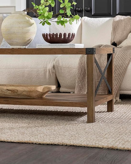 Walker Edison Sedalia Modern Farmhouse Metal X Coffee Table, 40 Inch, Rustic Oak - LeafyLoom