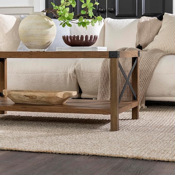Walker Edison Sedalia Modern Farmhouse Metal X Coffee Table, 40 Inch, Rustic Oak - LeafyLoom