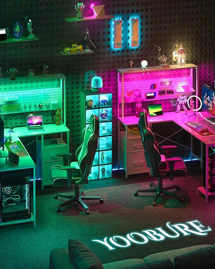 Yoobure L Shaped Desk with Pegboard, Reversible Gaming Desk with LED Lights & Power Outlets, Computer Desk with Drawers & Storage Shelves, Office Desk with Monitor Stand Corner Desk Home Office Desks - LeafyLoom