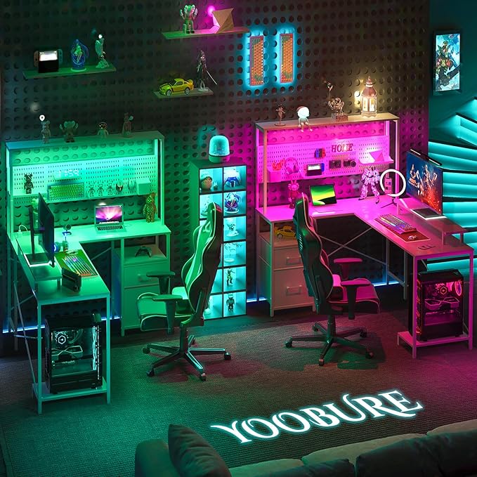 Yoobure L Shaped Desk with Pegboard, Reversible Gaming Desk with LED Lights & Power Outlets, Computer Desk with Drawers & Storage Shelves, Office Desk with Monitor Stand Corner Desk Home Office Desks - LeafyLoom