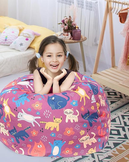 Stuffed Animal Storage Bean Bag Chair Cover, Hold Kids Plush Toys Blankets Towels Beanbag (Cover Only), Canvas Floor Circle Stuff Sit Seat Sofa with YKK Zipper, Extra Large 38", Cat - LeafyLoom
