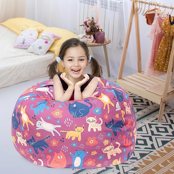 Stuffed Animal Storage Bean Bag Chair Cover, Hold Kids Plush Toys Blankets Towels Beanbag (Cover Only), Canvas Floor Circle Stuff Sit Seat Sofa with YKK Zipper, Extra Large 38", Cat - LeafyLoom