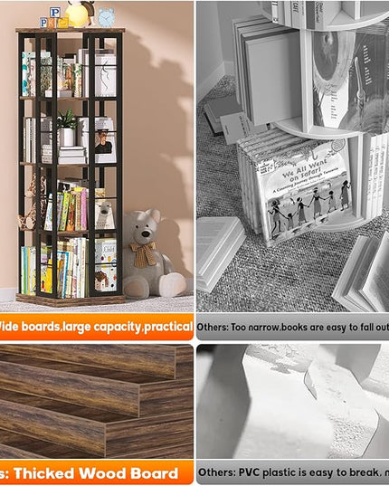 Aheaplus Rotating Bookshelf, Corner Bookshelf, 360 Display Wood Spinning Bookshelf, Floor Standing Bookcase Narrow Shelf Revolving Organizer Storage Rack for Small Space, Bedroom, Study Room - LeafyLoom