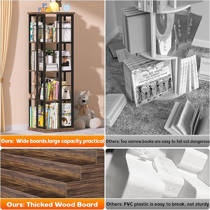 Aheaplus Rotating Bookshelf, Corner Bookshelf, 360 Display Wood Spinning Bookshelf, Floor Standing Bookcase Narrow Shelf Revolving Organizer Storage Rack for Small Space, Bedroom, Study Room - LeafyLoom