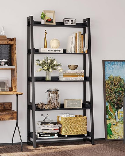 IRONCK Industrial Bookshelf 5-Tier 31.5in Wide, Bookcase Ladder Shelf, Storage Shelves Rack Shelf Unit, Accent Furniture Metal Frame, Home Office Furniture for Bathroom, Living Room - LeafyLoom