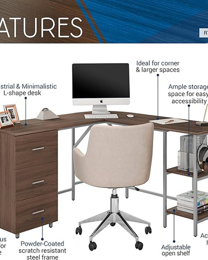 Techni Mobili L Shaped Desk - Two-Toned Computer Desk with Drawers & Storage Shelves - Simple Modern Furniture & Home Office Space Corner Table for Work & Writing - LeafyLoom