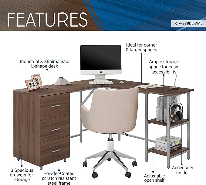 Techni Mobili L Shaped Desk - Two-Toned Computer Desk with Drawers & Storage Shelves - Simple Modern Furniture & Home Office Space Corner Table for Work & Writing - LeafyLoom