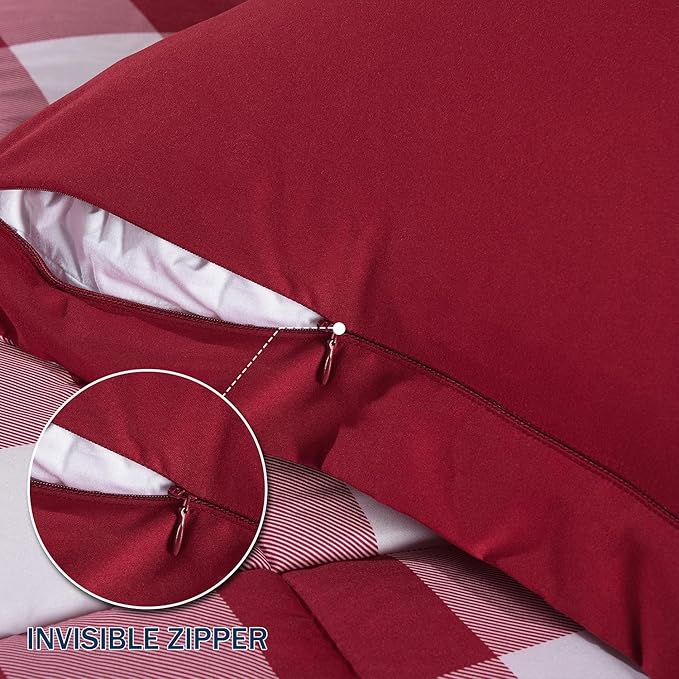 downluxe Lightweight Plaid Comforter Set (Queen) with 2 Pillow Shams - 3-Piece Set - Red/White Plaid - Down Alternative Reversible Comforter - LeafyLoom