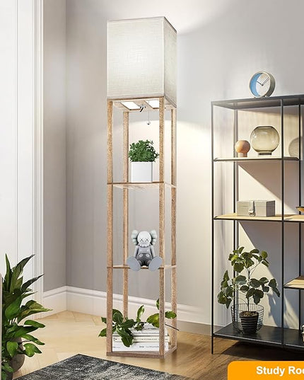 Floor Lamp with Shelves for Living Room Natural Wood, Shelf Floor Lamp with 3 CCT LED Bulb, Corner Display Standing Column Lamp Etagere Organizer Tower Nightstand with White Linen Shade for Bedroom - LeafyLoom