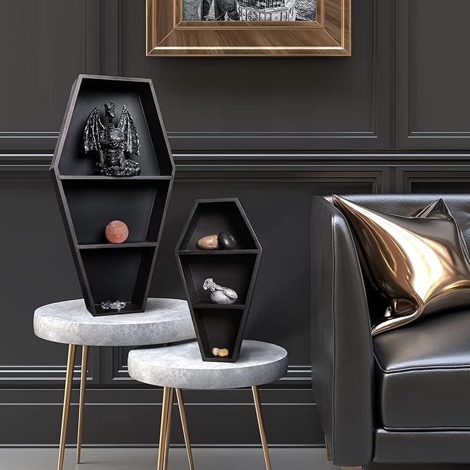 MANNY'S MYSTERIOUS ODDITIES Coffin Bookshelf - Includes Removable Shelves - Small and Large Coffin Shelf 20 Inch and 14 Inch - Gothic Decor for Home - LeafyLoom