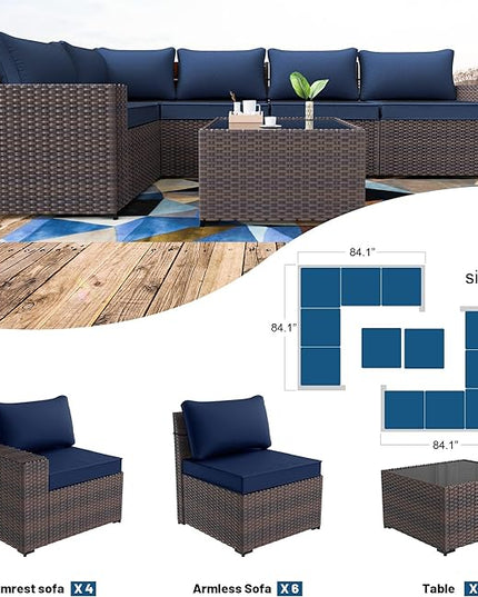 Kullavik 12PCS Outdoor Patio Furniture Set PE Wicker Rattan Sectional Sofa Patio Conversation Sets,Navy blue - LeafyLoom