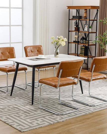 Forevich Mid Century Modern Dining Chairs Set of 4, Leather Kitchen Dining Room Side Chairs Upholstered Armless Accent Chairs with Metal Chrome Legs for Living Room, Bedroom Brown - LeafyLoom