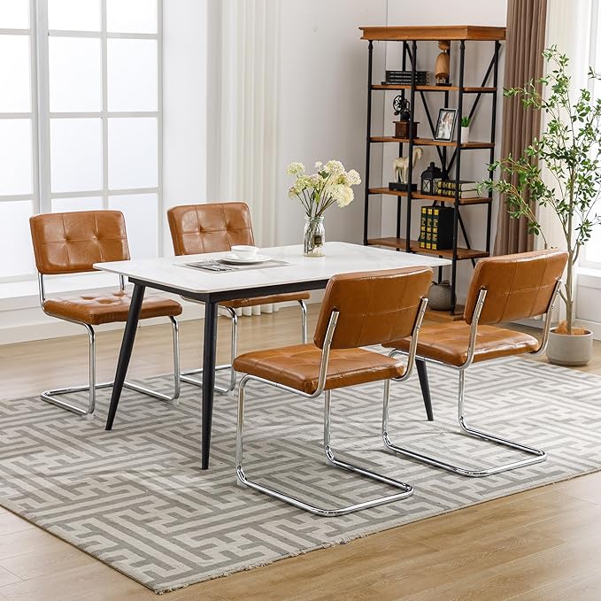 Forevich Mid Century Modern Dining Chairs Set of 4, Leather Kitchen Dining Room Side Chairs Upholstered Armless Accent Chairs with Metal Chrome Legs for Living Room, Bedroom Brown - LeafyLoom