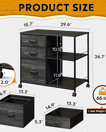DEVAISE 3 Drawer Mobile File Cabinet, Rolling Printer Stand with Open Storage Shelf, Fabric Lateral Filing Cabinet fits A4 or Letter Size for Home Office, Charcoal Black Wood Grain Print - LeafyLoom