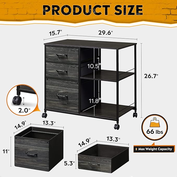 DEVAISE 3 Drawer Mobile File Cabinet, Rolling Printer Stand with Open Storage Shelf, Fabric Lateral Filing Cabinet fits A4 or Letter Size for Home Office, Charcoal Black Wood Grain Print - LeafyLoom