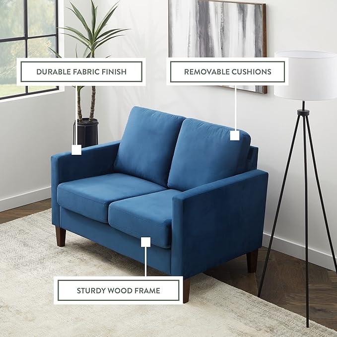Edenbrook Archer Upholstered Loveseat - Blue Velvet Loveseat - Living Room Furniture - Small Loveseat - Mid Century Modern Loveseat - Seats Two - LeafyLoom