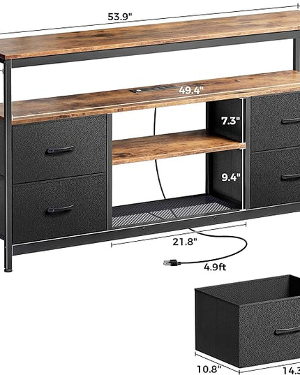 TV Stand Dresser with Power Outlets and LED Lights, 4 Drawers Entertainment Center with Shelves, 54 Inch Media Console for 55 60 Inch TV, PU Finish, Rustic Brown and Black - LeafyLoom
