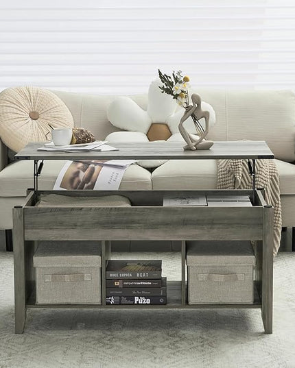 VINGLI Farmhouse Lift Top Coffee Table, Rustic Grey Coffee Table with Lift Top, Lift Up Pop Up Coffee Table with Storage Shelf/Hidden Compartment, Gas Lift Coffee Table Mesa De Centro Para Sala - LeafyLoom