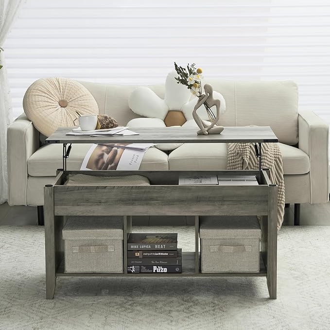 VINGLI Farmhouse Lift Top Coffee Table, Rustic Grey Coffee Table with Lift Top, Lift Up Pop Up Coffee Table with Storage Shelf/Hidden Compartment, Gas Lift Coffee Table Mesa De Centro Para Sala - LeafyLoom