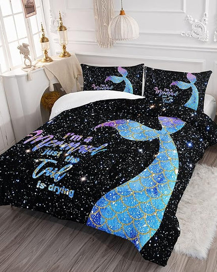 Datura home Bedding Comforter Set Black Starry Sky Mermaid Printed Pattern Quilt with 1 and 2 Pillowcases for Girls Bedroom All Season(Black Queen) Queen 90x90inches - LeafyLoom