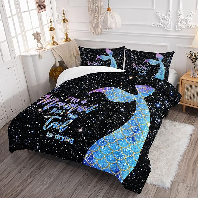 Datura home Bedding Comforter Set Black Starry Sky Mermaid Printed Pattern Quilt with 1 and 2 Pillowcases for Girls Bedroom All Season(Black Queen) Queen 90x90inches - LeafyLoom