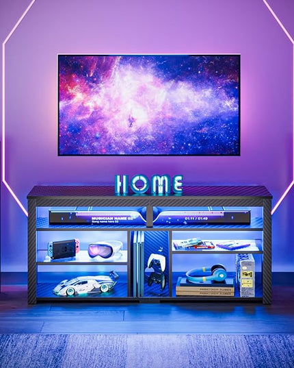 Bestier LED Tall TV Stand, Entertainment Center for 55/60/65 inch TV, Gaming TV Console with Storage for PS5, Adjustable Shelf Modern High TV Cabinet for Living Room Bedroom, Carbon Fiber Black - LeafyLoom