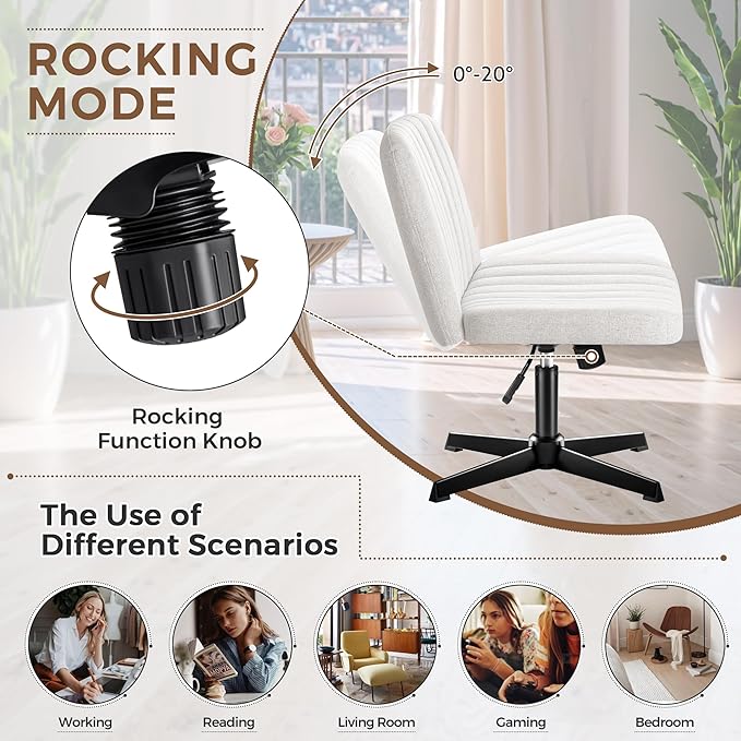 Criss Cross Legged Chair, Armless Swivel Wide Padded Height Adjustable Fabric Home Office, Beige - LeafyLoom