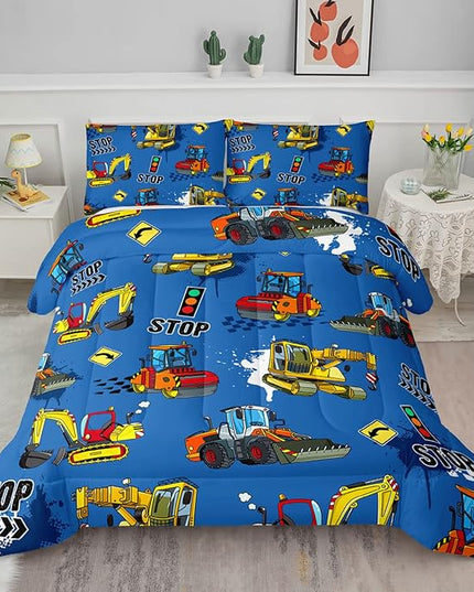 Axolotl Blue Excavator Bedding Queen,3Pcs Boys Construction Comforter Set,Cartoon Machinery Truck Bedding Set for Boys Kids Children Teens Bedroom Decor Cars Quilt Set with 1 Comforter 2 Pillowcase - LeafyLoom