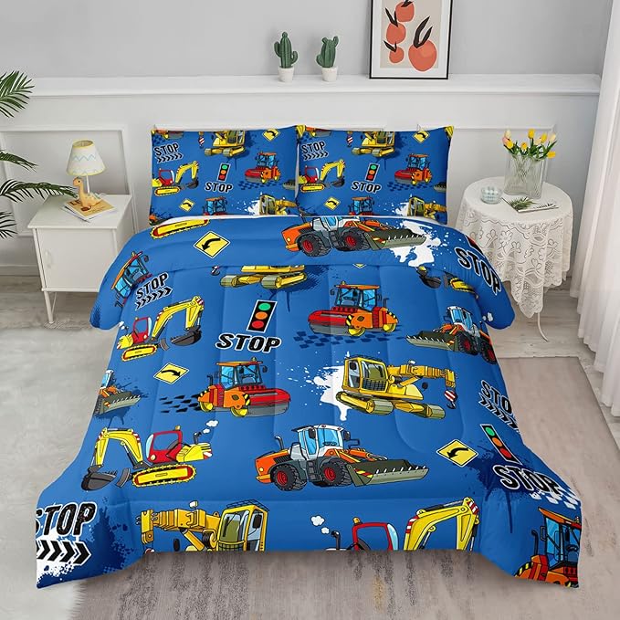 Axolotl Blue Excavator Bedding Full,3Pcs Boys Construction Comforter Set,Cartoon Machinery Truck Bedding Set for Boys Kids Children Teens Bedroom Decor Cars Quilt Set with 1 Comforter 2 Pillowcase - LeafyLoom