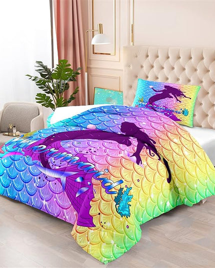 Mermaid Comforter Set Twin Fish Scale Patterns Printed Twin Bed Comforter Sets for Girls 2 Piece Kids All Season Ultra Soft MIcrofiber Mermaid Bedding Set Quilted Duvet with 1 Pillowcase, Twin Size - LeafyLoom