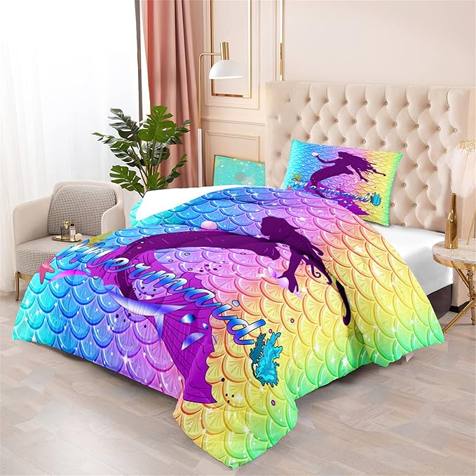 Mermaid Comforter Set Twin Fish Scale Patterns Printed Twin Bed Comforter Sets for Girls 2 Piece Kids All Season Ultra Soft MIcrofiber Mermaid Bedding Set Quilted Duvet with 1 Pillowcase, Twin Size - LeafyLoom