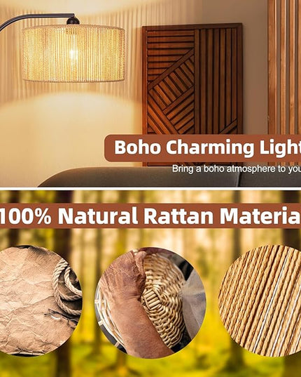 Boho Floor Lamp with Dimmable Bulb Nartual Rattan Adjustable Lampshade, Bronze Rustic Farmhouse Floor Lamps for Living Room, Bedroom, Office, Classroom - LeafyLoom
