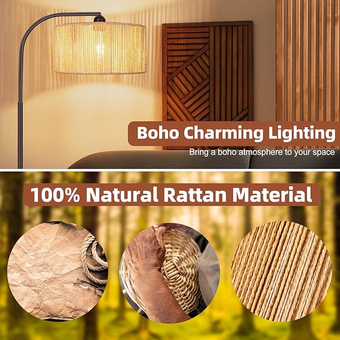 Boho Floor Lamp with Dimmable Bulb Nartual Rattan Adjustable Lampshade, Bronze Rustic Farmhouse Floor Lamps for Living Room, Bedroom, Office, Classroom - LeafyLoom