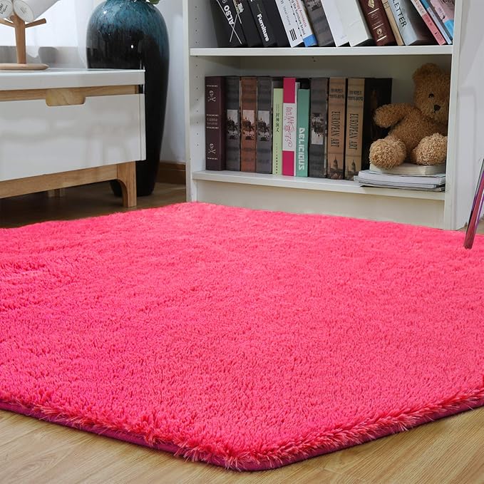 junovo Ultra Soft Rug for Nursery Children Room Baby Room Home Decor Dormitory Hexagon Carpet for Playhouse Princess Tent Kids Play Castle, Diameter 4.6 ft, Hot-pink - LeafyLoom