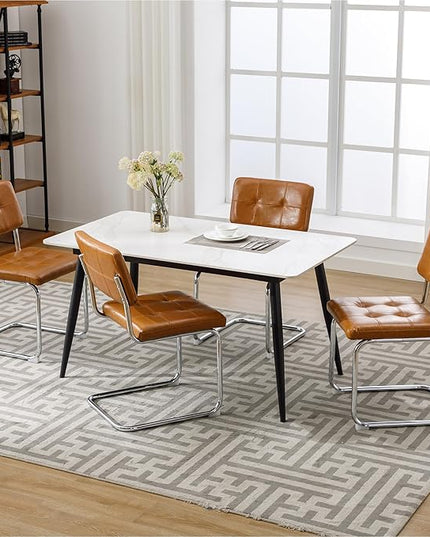 Forevich Mid Century Modern Dining Chairs Set of 4, Leather Kitchen Dining Room Side Chairs Upholstered Armless Accent Chairs with Metal Chrome Legs for Living Room, Bedroom Brown - LeafyLoom