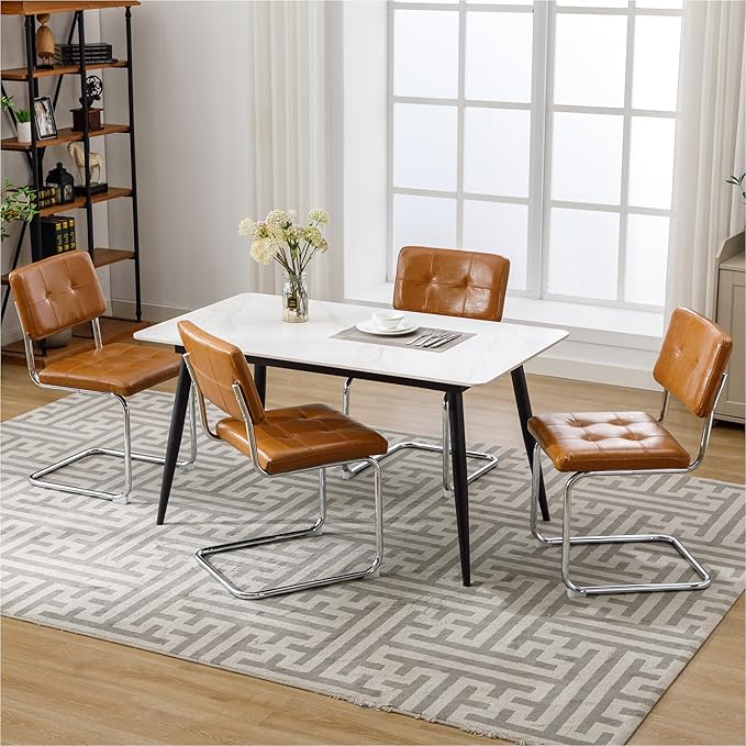 Forevich Mid Century Modern Dining Chairs Set of 4, Leather Kitchen Dining Room Side Chairs Upholstered Armless Accent Chairs with Metal Chrome Legs for Living Room, Bedroom Brown - LeafyLoom