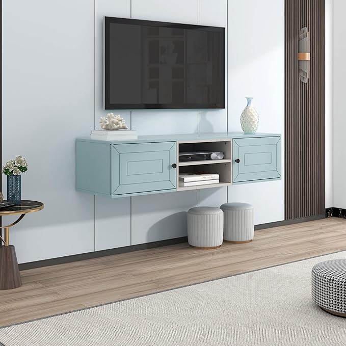 Merax Floating TV Stand for Televisions up to 65" with Large Storage and Adjustable Shelves, Modern Wall Mounted Entertainment Center for Living Room, Bedroom, Cable Management Media Console, Blue - LeafyLoom