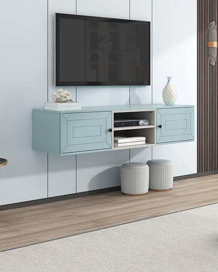 Mounted Floating TV Stand for TVs up to 65'', TV Console with 3 Levels Adjustable shelves, Magnetic Cabinet Door and Cable Management, Entertainment Center for Living Room, Light Blue - LeafyLoom